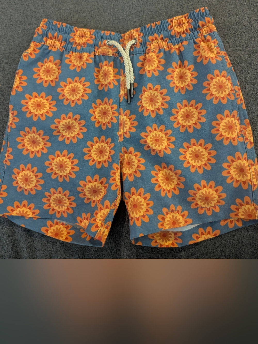Fair Harbor Blue Swim Shorts with Orange Floral Print
